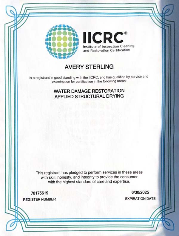 Avery Sterling IICRC certification Bulovas Restoration